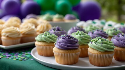 Cupcakes decorated with green and purple frosting are displayed prominently at a graduation day event. Colorful balloons and confetti enhance the celebratory atmosphere