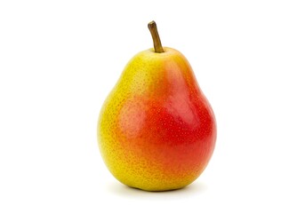 A single pear with yellow and red coloring isolated against a plain white studio background view close up
