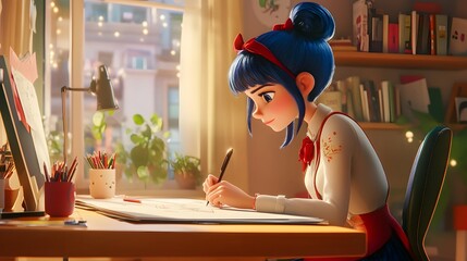 Marinette at her desk drawing a new costume design in anime style