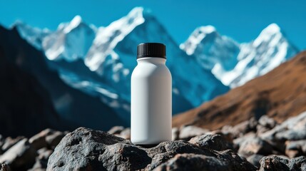 Minimalist product photography with bottle on Himalayan rock, blue sky and snowy peaks in soft focus