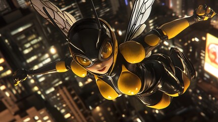 Queen Bee launching into action from a rooftop in anime style