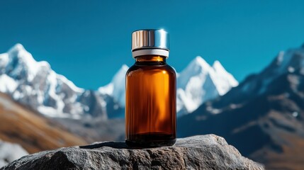 Minimalist product photography with bottle on Himalayan rock, blue sky and snowy peaks in soft focus