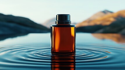 Minimalist skincare bottle standing on reflective water surface, calm nature background, soft natural light