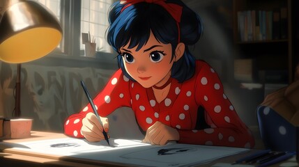 Marinette at her desk drawing a new costume design in anime style