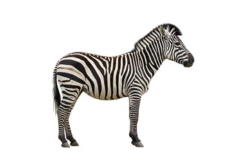 Fototapeta premium A zebra standing in profile against a white background showing its distinctive black and white stripes