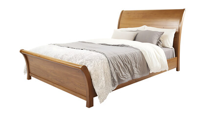 A wooden bed with a white comforter and pillows