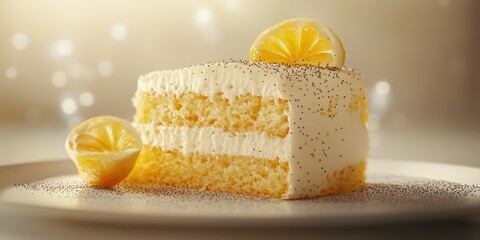 Delicious lemon cake slice with creamy frosting and fresh lemon garnish on a plate