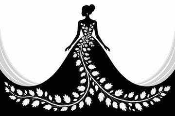 Elegant Silhouette of a Woman in a Black Leaf Pattern Gown - Vector Fashion Illustration

