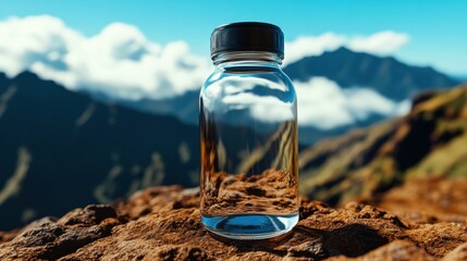 Sustainable water bottle displayed on high mountain trail, clouds drifting below, dramatic natural setting