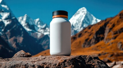 Wellness drink bottle with scenic view of Himalayas, clean branding style, modern outdoor product photography