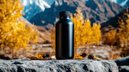 Wellness drink bottle with scenic view of Himalayas, clean branding style, modern outdoor product photography