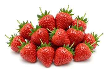 A close up shot showcasing a pile of fresh strawberries against a stark white background in vibrant detail