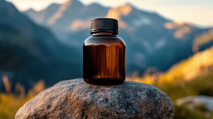 Wellness product bottle positioned on stone with vast mountain panorama, early morning sunlight, fresh pure vibe