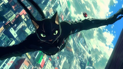 Cat Noir extending his baton high above the city in anime style