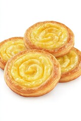 Close-up of freshly baked custard danishes stacked on white background studio shot delicious pastry sweet treat food photography