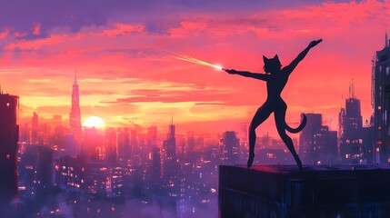 Cat Noir extending his baton high above the city in anime style