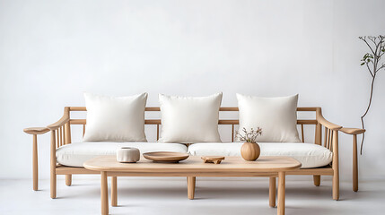 Fototapeta premium A white sofa with three pillows and a wooden coffee table