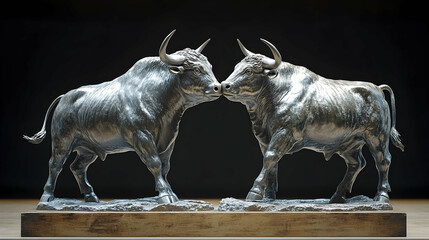 Two metallic bulls facing each other on a wooden base.