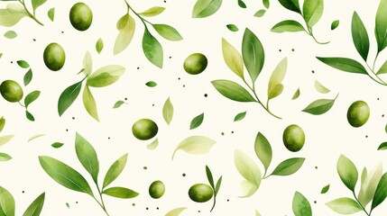 Watercolor olive branch and fruit seamless pattern.