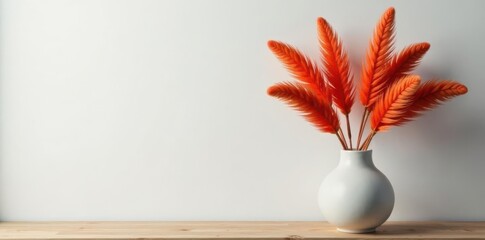 Dried pampas plume arrangement, matte vase, wood shelf, serene setting , peaceful, arrangement, home decor