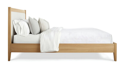 A wooden bed with a white sheet and pillows