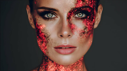 with translucent skin surrounded by glitch effects and pixel particles