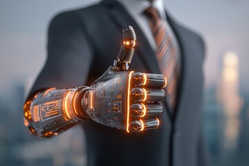 A businessperson with a futuristic robotic arm gives a thumbs up, symbolizing technology integration and innovation in the workplace.