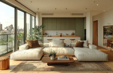 Modern apartment living room with city view, open kitchen, and sunlight