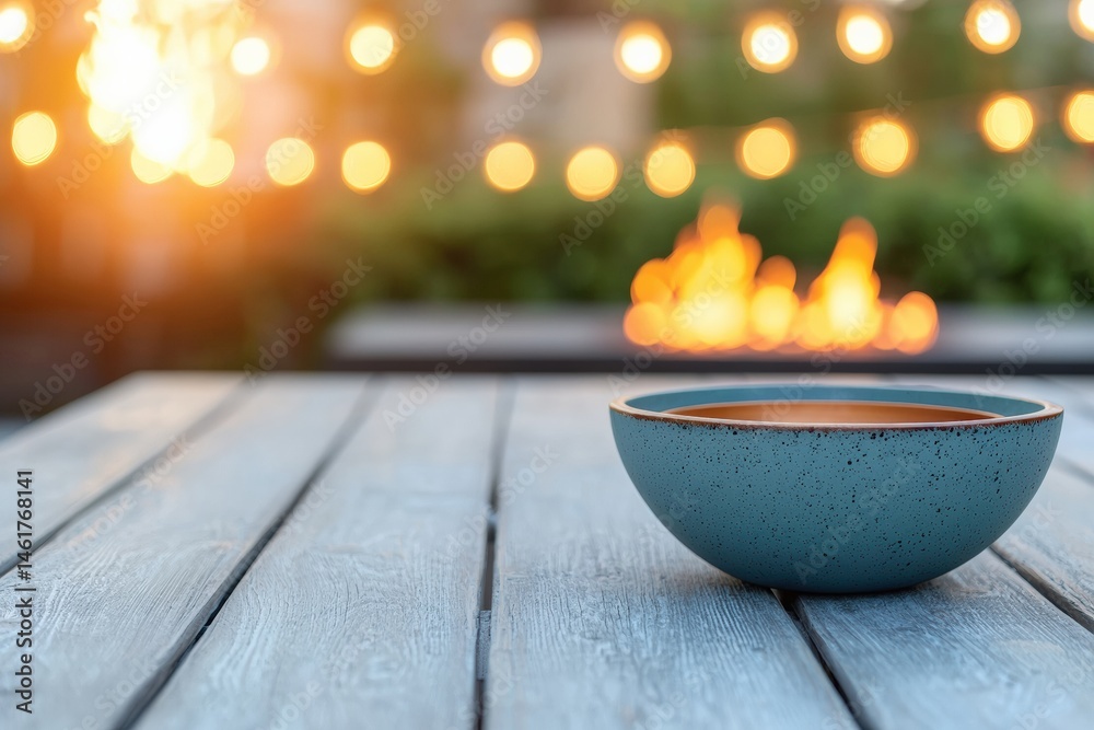 Poster Empty bowl sitting on wooden patio table with fire pit and string lights creating a cozy ambiance