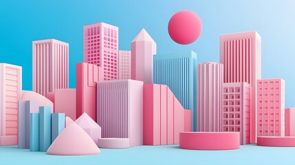 Abstract cityscape of geometric shapes in pastel colors.