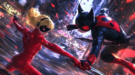 Ladybug and Cat Noir in synchronized combat in anime style