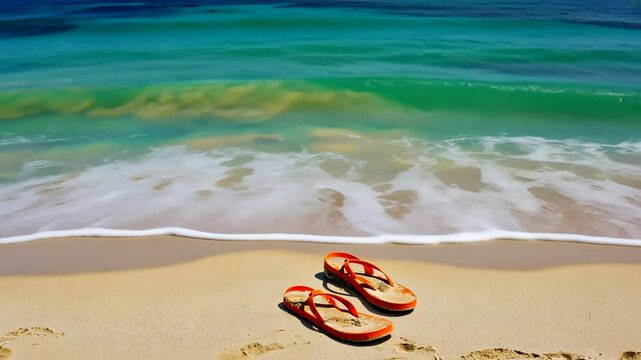 Orange flip-flops on sandy beach, ocean waves, summer vacation
