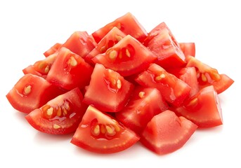 A pile of diced tomatoes isolated on a white background showcasing their vibrant color and fresh texture