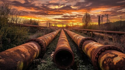 Rusty pipelines at sunset
