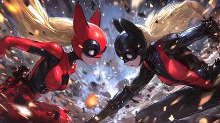 Ladybug and Cat Noir in synchronized combat in anime style