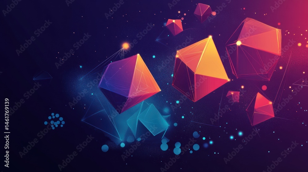 Poster abstract low-poly geometric shapes floating in dark space with glowing lines and particles.