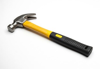 A claw hammer with a yellow and black handle isolated against a plain white background in a studio shot