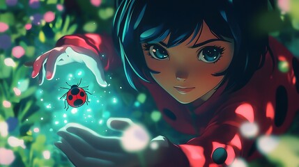 Tikki glowing with magic power beside Ladybug in anime style