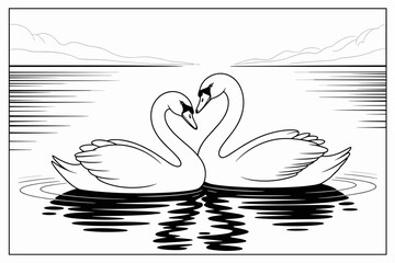 Romantic Swan Couple Illustration with Reflection – Elegant Black and White Vector Art

