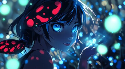 Tikki glowing with magic power beside Ladybug in anime style