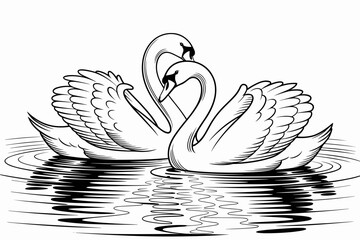 Romantic Swan Couple Illustration with Reflection – Elegant Black and White Vector Art

