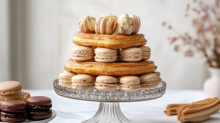 Stacked dessert tower of macarons and choux pastries on glass stand