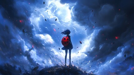 Ladybug standing tall against a storm in anime style