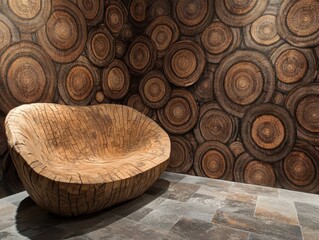 Fototapeta premium Wooden chair against circular wood paneling indoor shot unique design nature inspired furniture artistic background