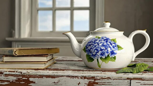 Vintage tea pot by window, books, floral design, still life, home decor, use stock photo