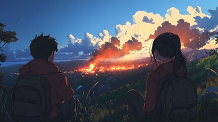 Alya and Nino watching a battle from a safe distance in anime style