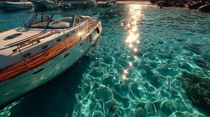 Obraz premium Scenic View of Luxury Yacht on Crystal Clear Water at Sunset