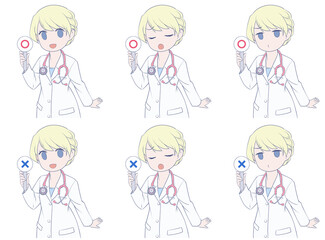 マルバツ棒を持つ金髪の女性医師。3種類の表情と2種類の記号セット