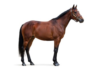 Obraz premium A brown horse with a bridle standing on a white background in a studio shot with good lighting setup