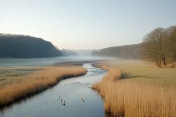 Misty morning overlooking a tranquil stream winding through lush landscapes and gentle fog